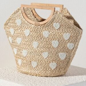 Shiraleah Natural Woven Jute Tote Purse with Beaded White Hearts & Wooden Handle